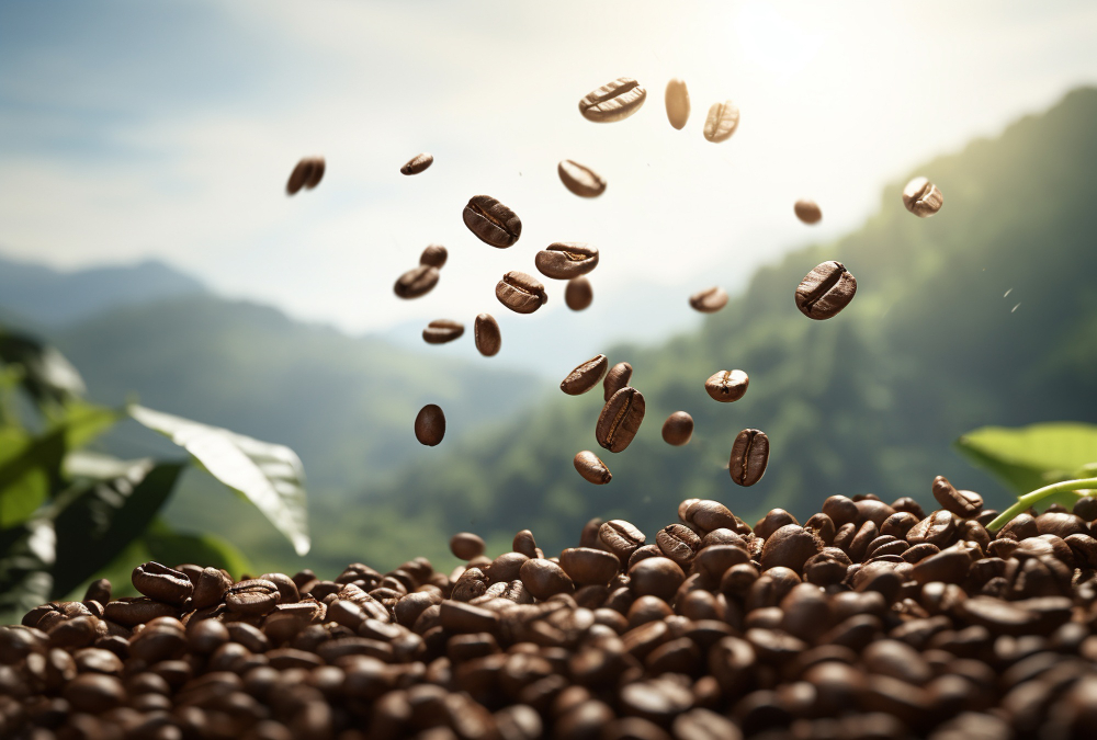 Imagem de grãos de café numa paisagem. Café Arabica vs Robusta